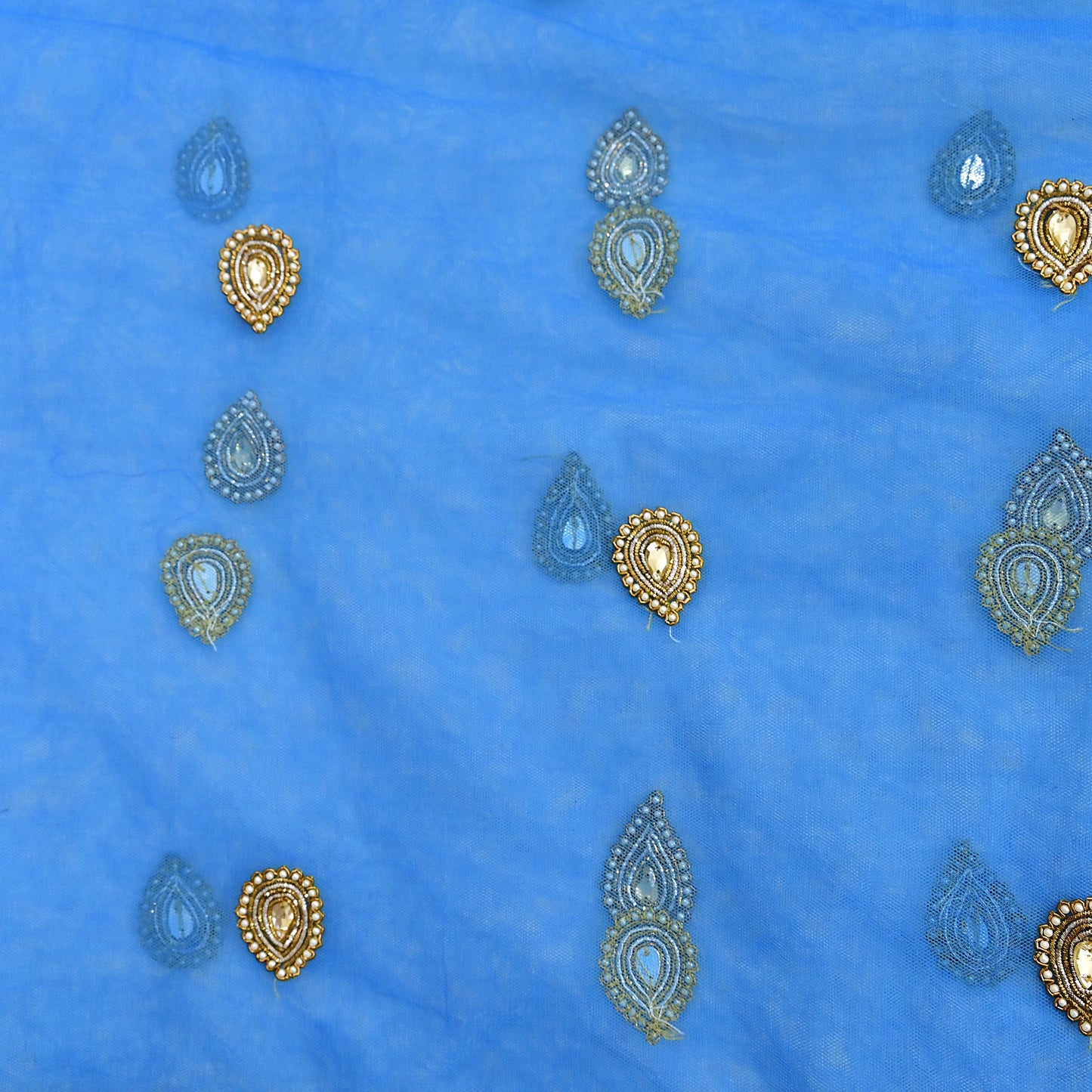 Indian Vintage Heavy Blue Dupatta Net Mesh Long Stole Hand Embroidered Scarves Golden Zardozi Zari Sequins Hijab Veil wrap Boho