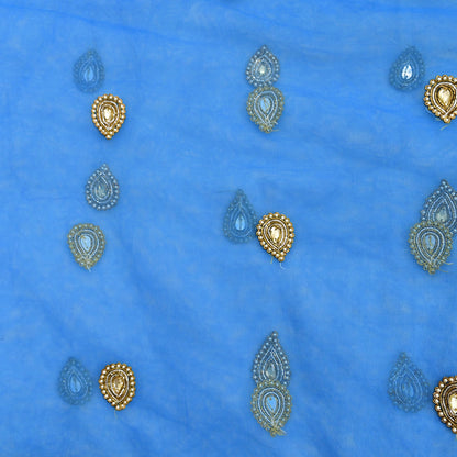 Indian Vintage Heavy Blue Dupatta Net Mesh Long Stole Hand Embroidered Scarves Golden Zardozi Zari Sequins Hijab Veil wrap Boho