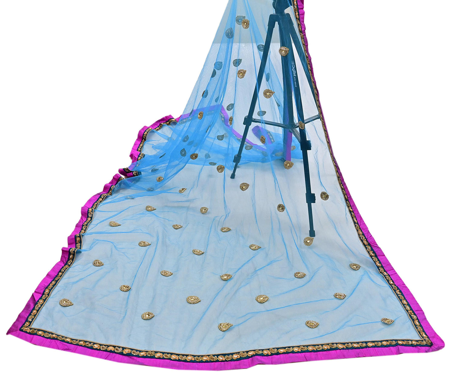 Indian Vintage Heavy Blue Dupatta Net Mesh Long Stole Hand Embroidered Scarves Golden Zardozi Zari Sequins Hijab Veil wrap Boho