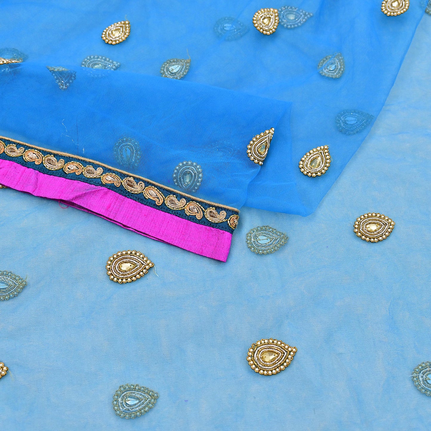 Indian Vintage Heavy Blue Dupatta Net Mesh Long Stole Hand Embroidered Scarves Golden Zardozi Zari Sequins Hijab Veil wrap Boho