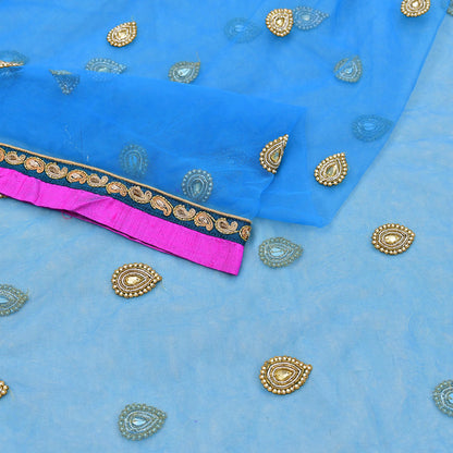Indian Vintage Heavy Blue Dupatta Net Mesh Long Stole Hand Embroidered Scarves Golden Zardozi Zari Sequins Hijab Veil wrap Boho