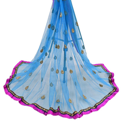 Indian Vintage Heavy Blue Dupatta Net Mesh Long Stole Hand Embroidered Scarves Golden Zardozi Zari Sequins Hijab Veil wrap Boho