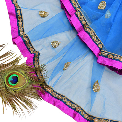 Indian Vintage Heavy Blue Dupatta Net Mesh Long Stole Hand Embroidered Scarves Golden Zardozi Zari Sequins Hijab Veil wrap Boho