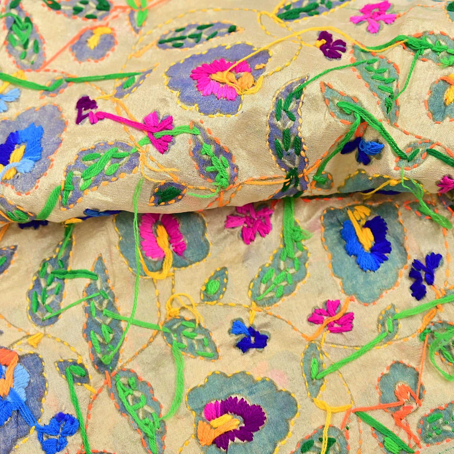 Indian Vintage Dupatta Beige Long Stole Chanderi Hand Embroidered Phulkari Stole Scarves Party wear Veil Hijab Wrap Scarf