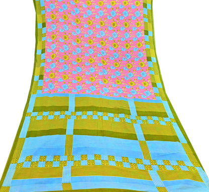 Indian Vintage Sari Blue & Pink Printed Pure Cotton Saree Craft Fabric 5Yd Soft Sewing Sarong Wrap Boho Floral Dress making Crafting