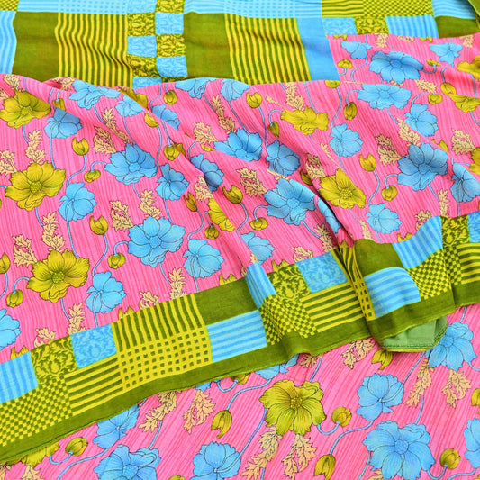 Indian Vintage Sari Blue & Pink Printed Pure Cotton Saree Craft Fabric 5Yd Soft Sewing Sarong Wrap Boho Floral Dress making Crafting