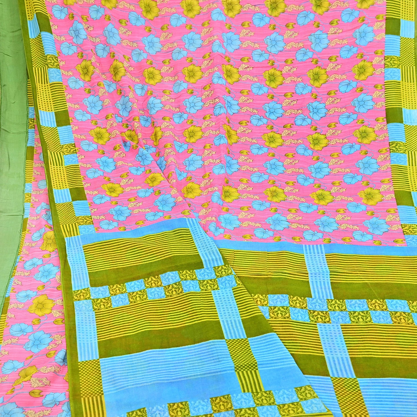 Indian Vintage Sari Blue & Pink Printed Pure Cotton Saree Craft Fabric 5Yd Soft Sewing Sarong Wrap Boho Floral Dress making Crafting