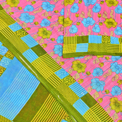 Indian Vintage Sari Blue & Pink Printed Pure Cotton Saree Craft Fabric 5Yd Soft Sewing Sarong Wrap Boho Floral Dress making Crafting
