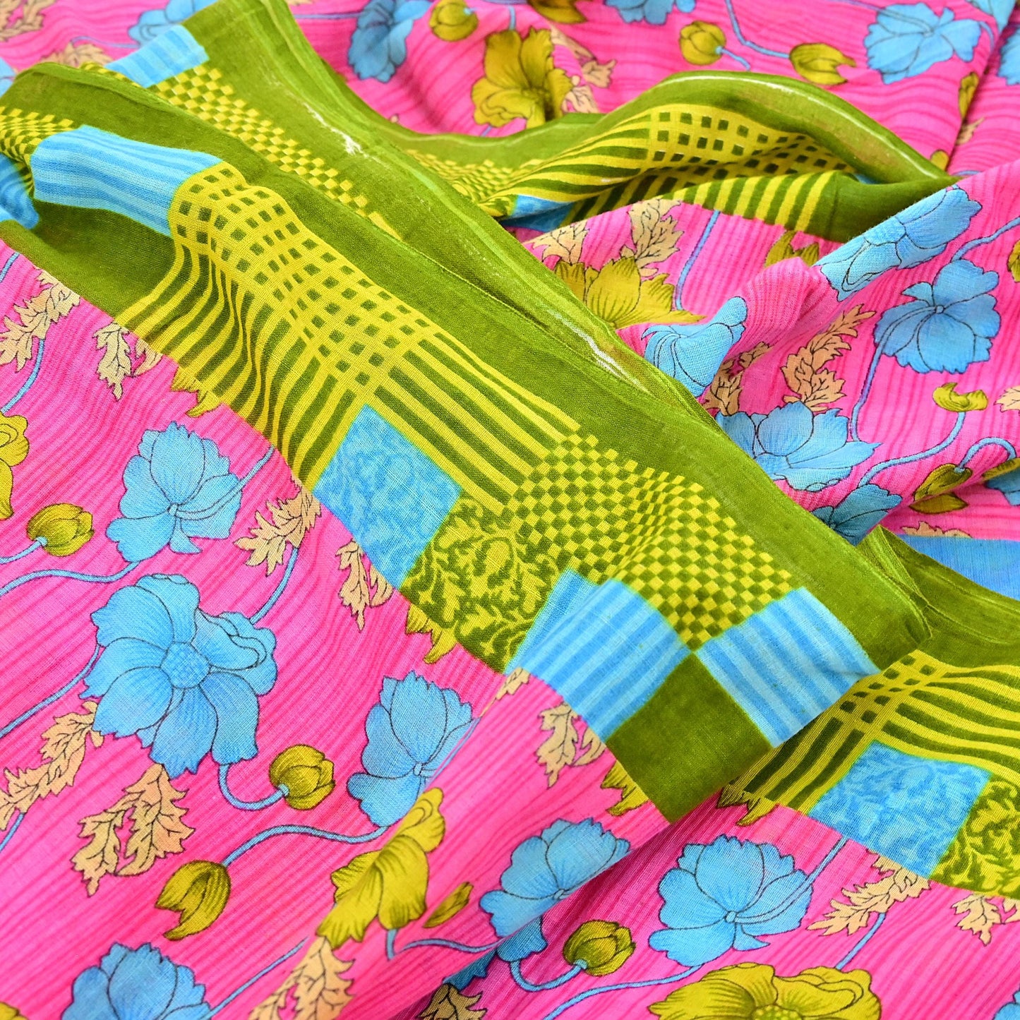 Indian Vintage Sari Blue & Pink Printed Pure Cotton Saree Craft Fabric 5Yd Soft Sewing Sarong Wrap Boho Floral Dress making Crafting