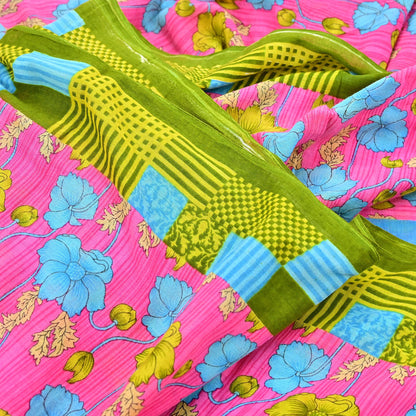 Indian Vintage Sari Blue & Pink Printed Pure Cotton Saree Craft Fabric 5Yd Soft Sewing Sarong Wrap Boho Floral Dress making Crafting