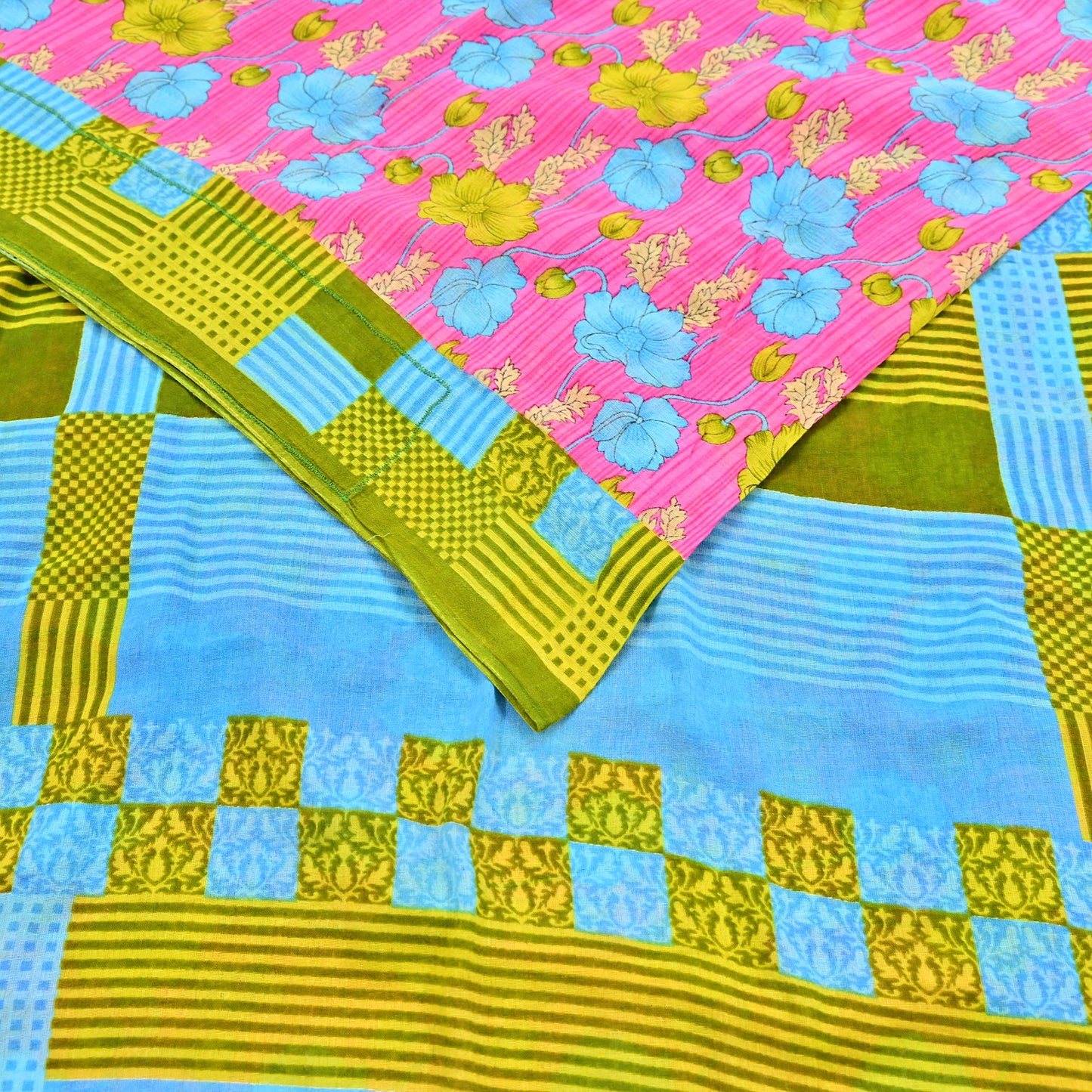Indian Vintage Sari Blue & Pink Printed Pure Cotton Saree Craft Fabric 5Yd Soft Sewing Sarong Wrap Boho Floral Dress making Crafting