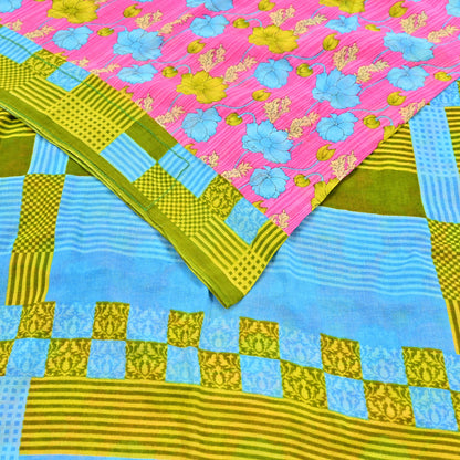 Indian Vintage Sari Blue & Pink Printed Pure Cotton Saree Craft Fabric 5Yd Soft Sewing Sarong Wrap Boho Floral Dress making Crafting