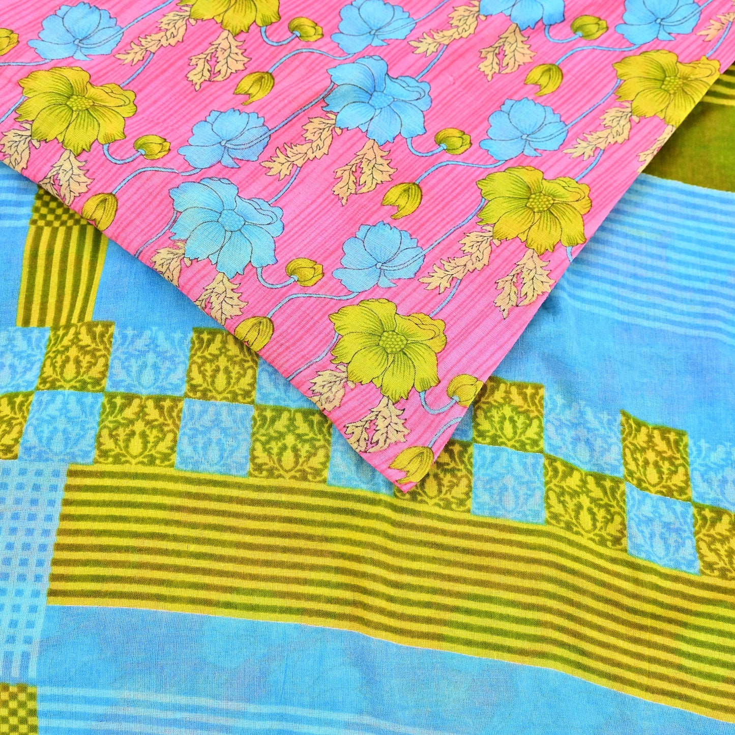 Indian Vintage Sari Blue & Pink Printed Pure Cotton Saree Craft Fabric 5Yd Soft Sewing Sarong Wrap Boho Floral Dress making Crafting