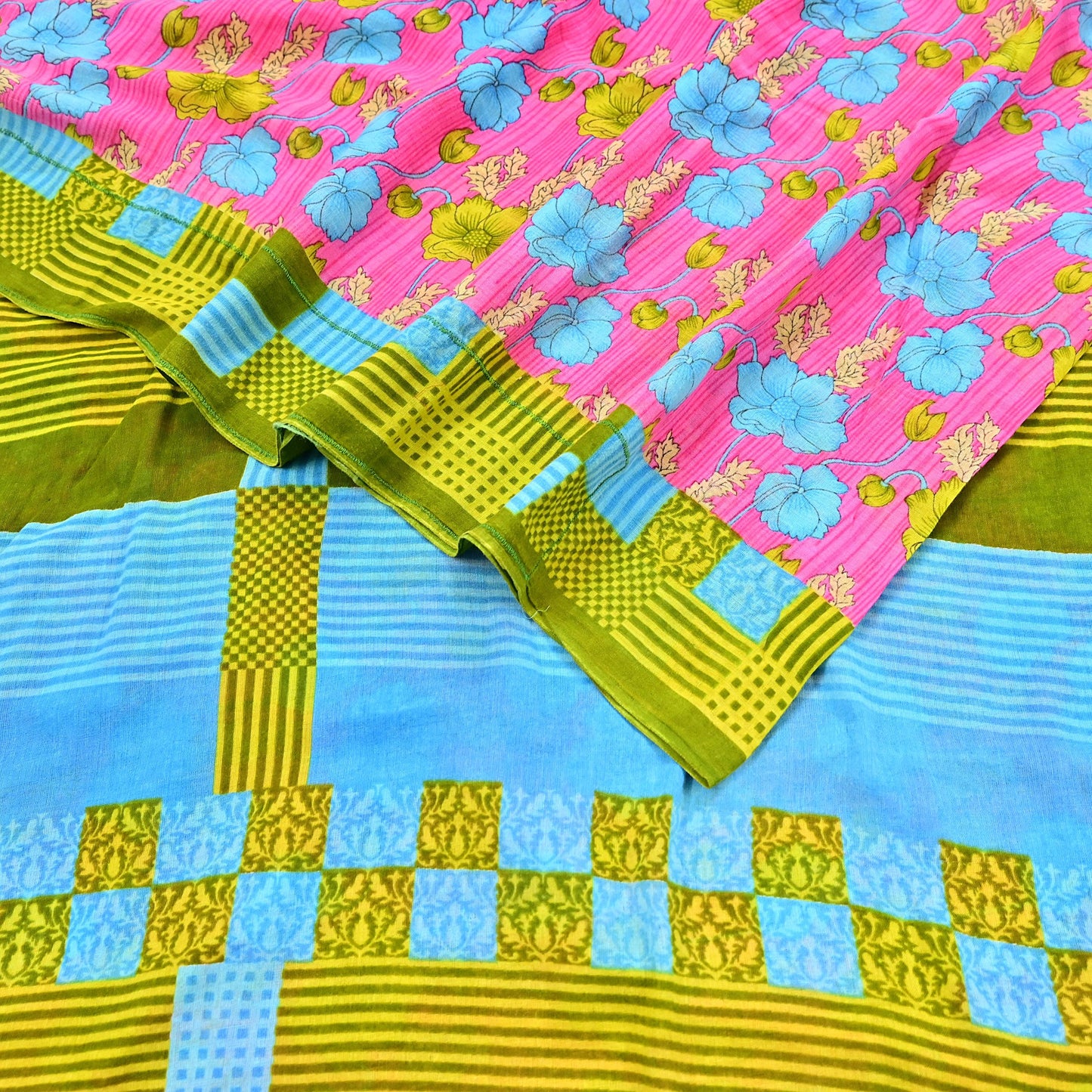 Indian Vintage Sari Blue & Pink Printed Pure Cotton Saree Craft Fabric 5Yd Soft Sewing Sarong Wrap Boho Floral Dress making Crafting