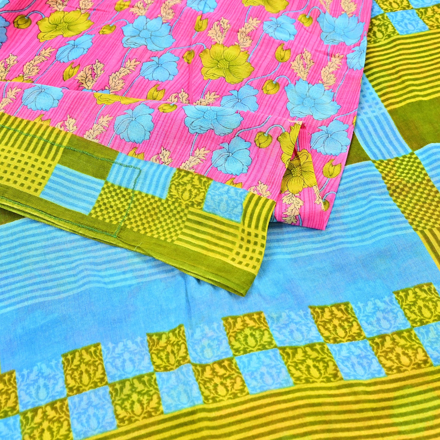Indian Vintage Sari Blue & Pink Printed Pure Cotton Saree Craft Fabric 5Yd Soft Sewing Sarong Wrap Boho Floral Dress making Crafting