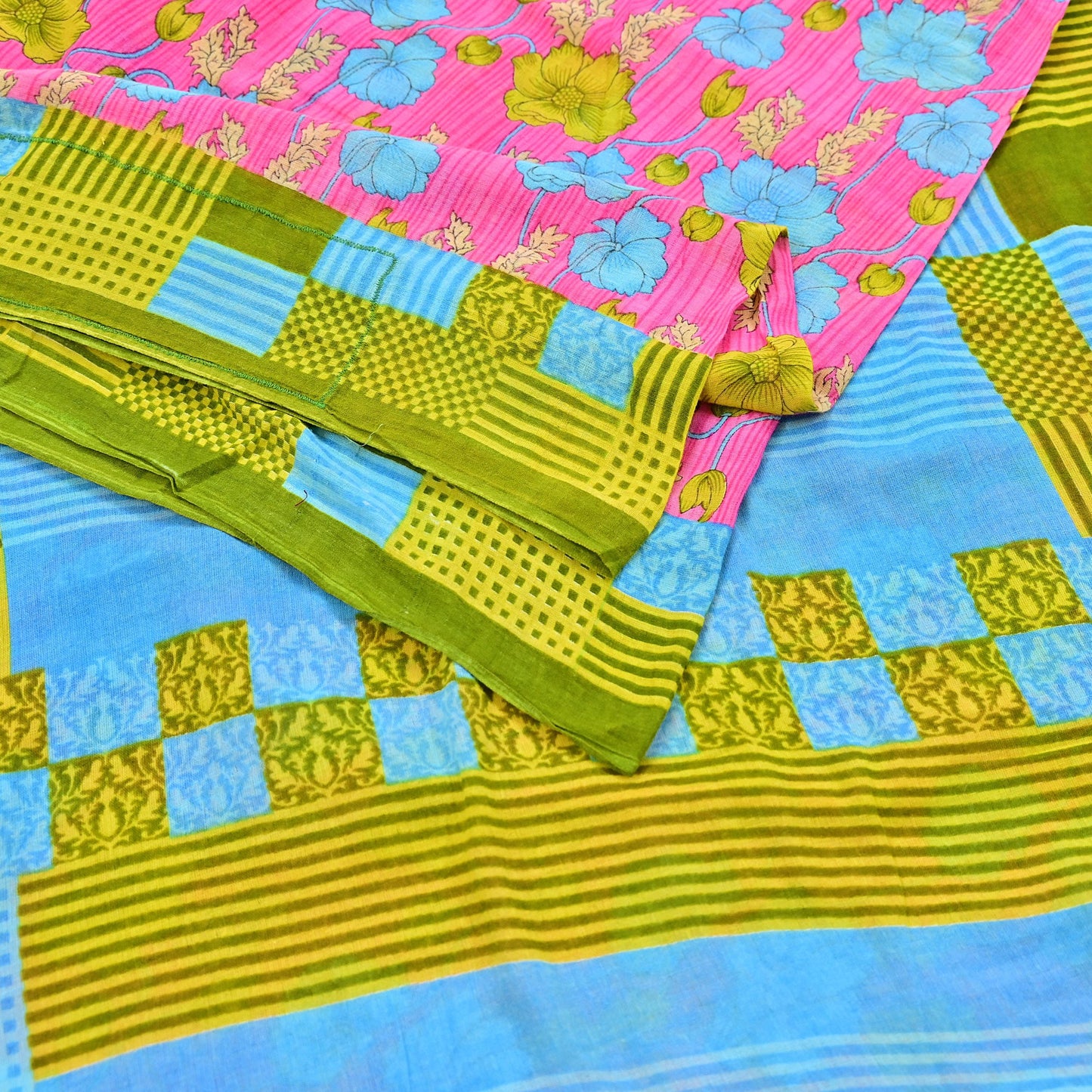 Indian Vintage Sari Blue & Pink Printed Pure Cotton Saree Craft Fabric 5Yd Soft Sewing Sarong Wrap Boho Floral Dress making Crafting
