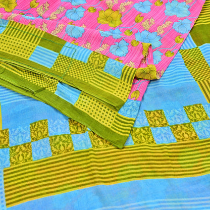 Indian Vintage Sari Blue & Pink Printed Pure Cotton Saree Craft Fabric 5Yd Soft Sewing Sarong Wrap Boho Floral Dress making Crafting