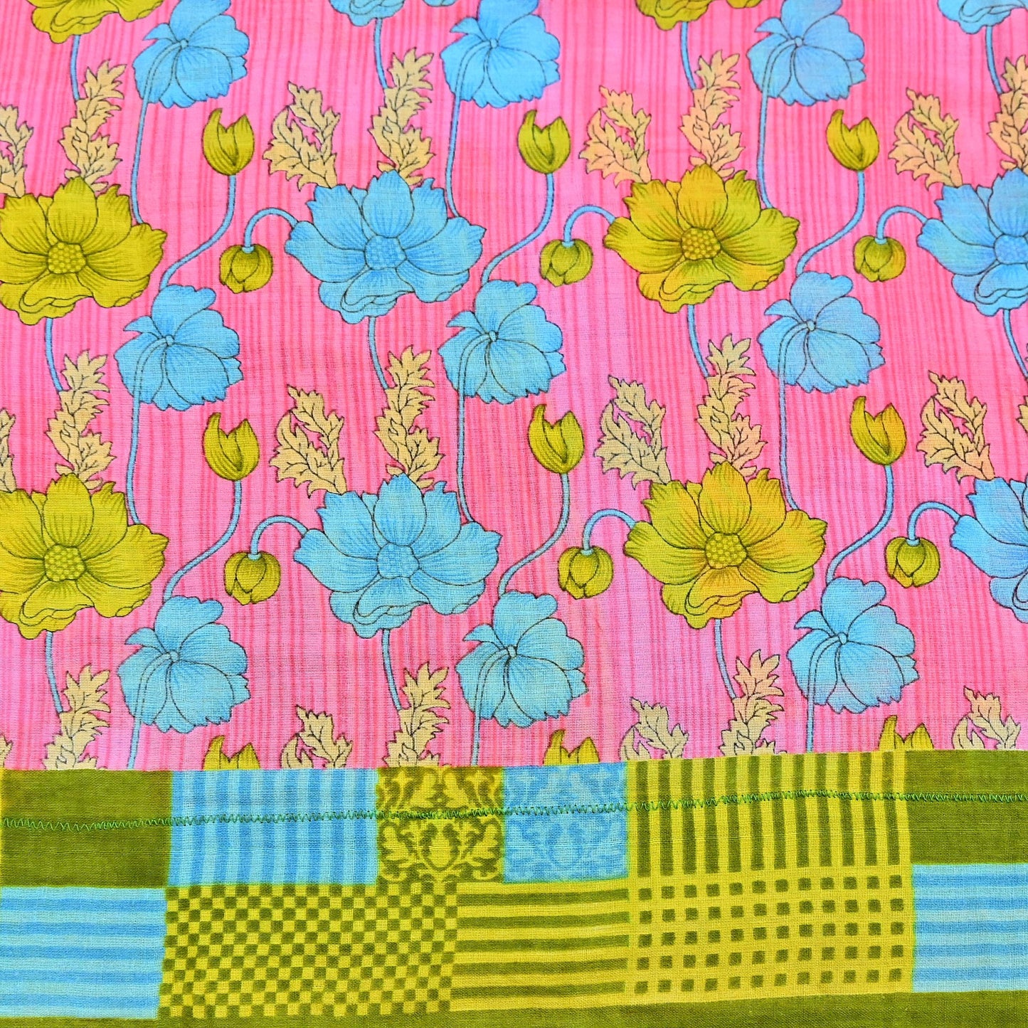 Indian Vintage Sari Blue & Pink Printed Pure Cotton Saree Craft Fabric 5Yd Soft Sewing Sarong Wrap Boho Floral Dress making Crafting