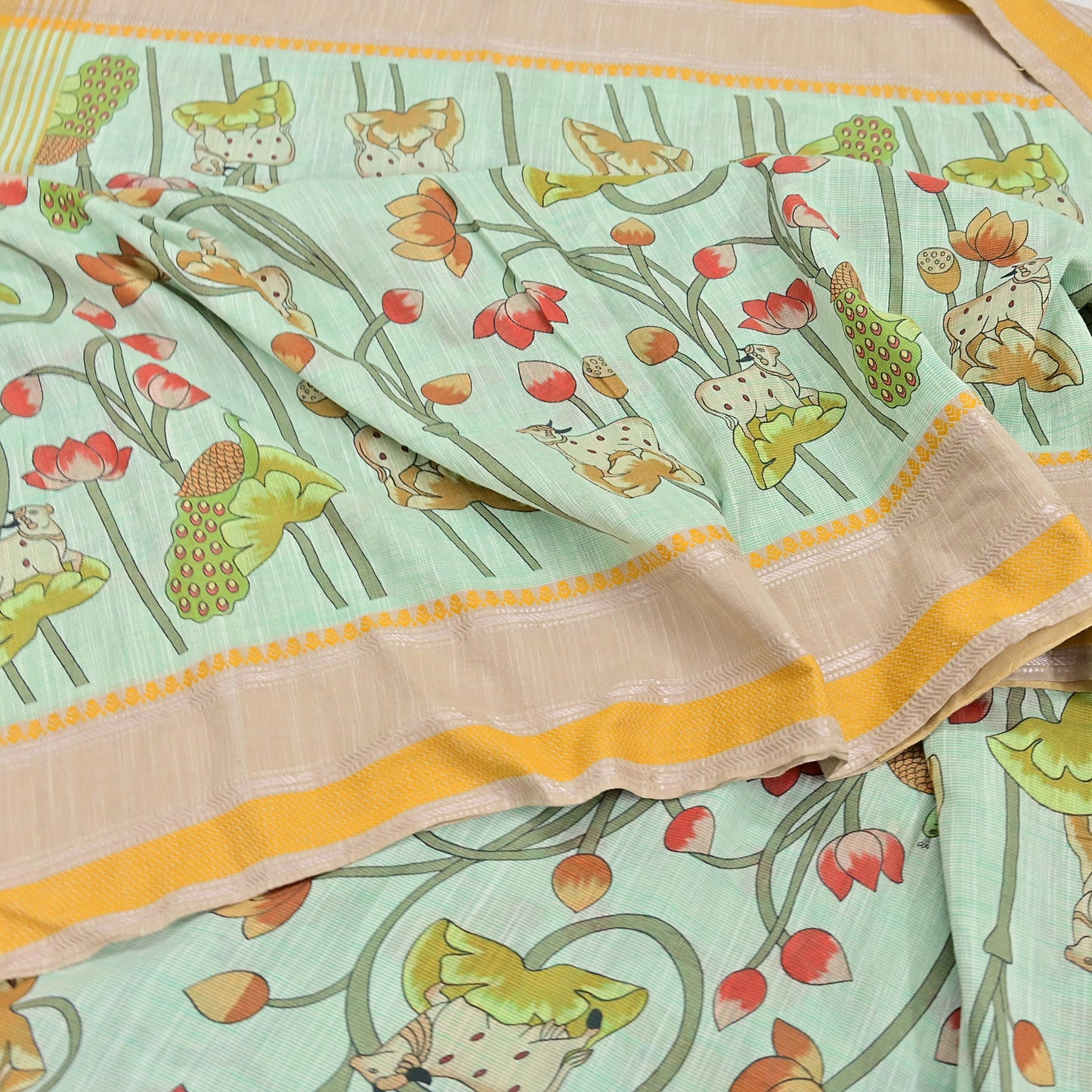 Indian Vintage sage Green Saree Pure Cotton Printed Woven Sari Craft Soft Fabric 5Yd Sewing Sarong Wrap Boho Abstract Design