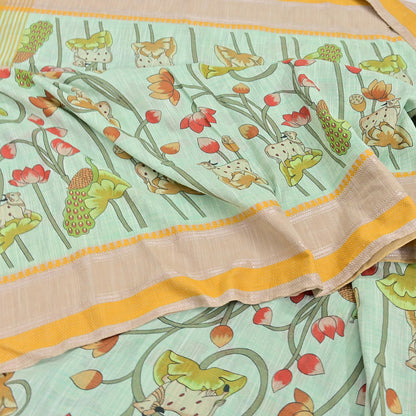 Indian Vintage sage Green Saree Pure Cotton Printed Woven Sari Craft Soft Fabric 5Yd Sewing Sarong Wrap Boho Abstract Design