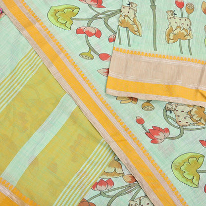 Indian Vintage sage Green Saree Pure Cotton Printed Woven Sari Craft Soft Fabric 5Yd Sewing Sarong Wrap Boho Abstract Design