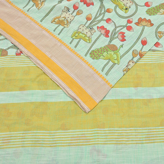 Indian Vintage sage Green Saree Pure Cotton Printed Woven Sari Craft Soft Fabric 5Yd Sewing Sarong Wrap Boho Abstract Design