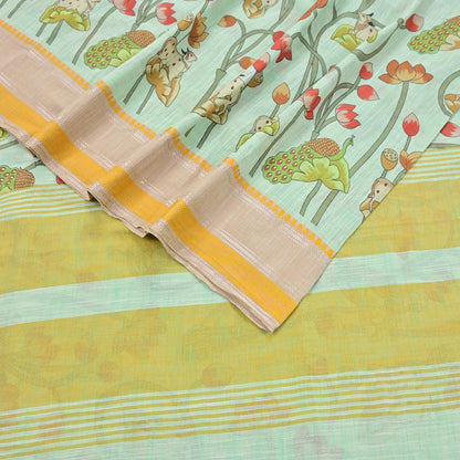 Indian Vintage sage Green Saree Pure Cotton Printed Woven Sari Craft Soft Fabric 5Yd Sewing Sarong Wrap Boho Abstract Design