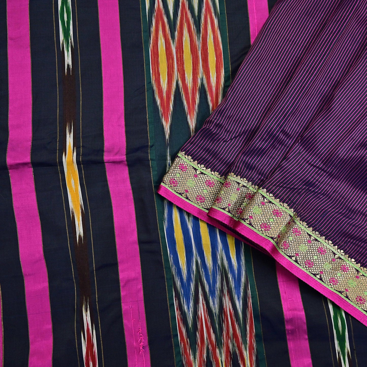 Indian Vintage Black & Pink Saree Pure Silk Hand Woven Ikat Patola Sari Fabric 5Yard Craft Ethnic Zari Border