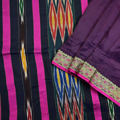 Indian Vintage Black & Pink Saree Pure Silk Hand Woven Ikat Patola Sari Fabric 5Yard Craft Ethnic Zari Border