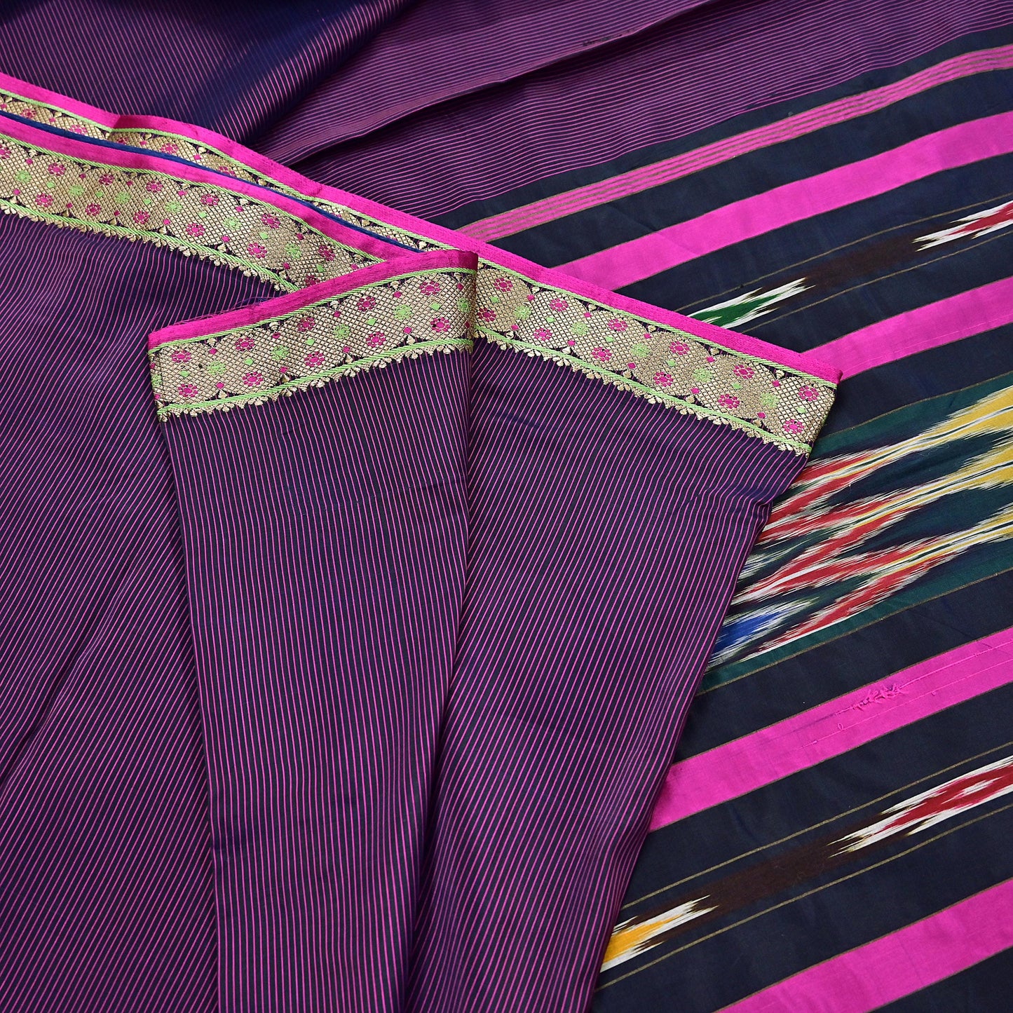 Indian Vintage Black & Pink Saree Pure Silk Hand Woven Ikat Patola Sari Fabric 5Yard Craft Ethnic Zari Border
