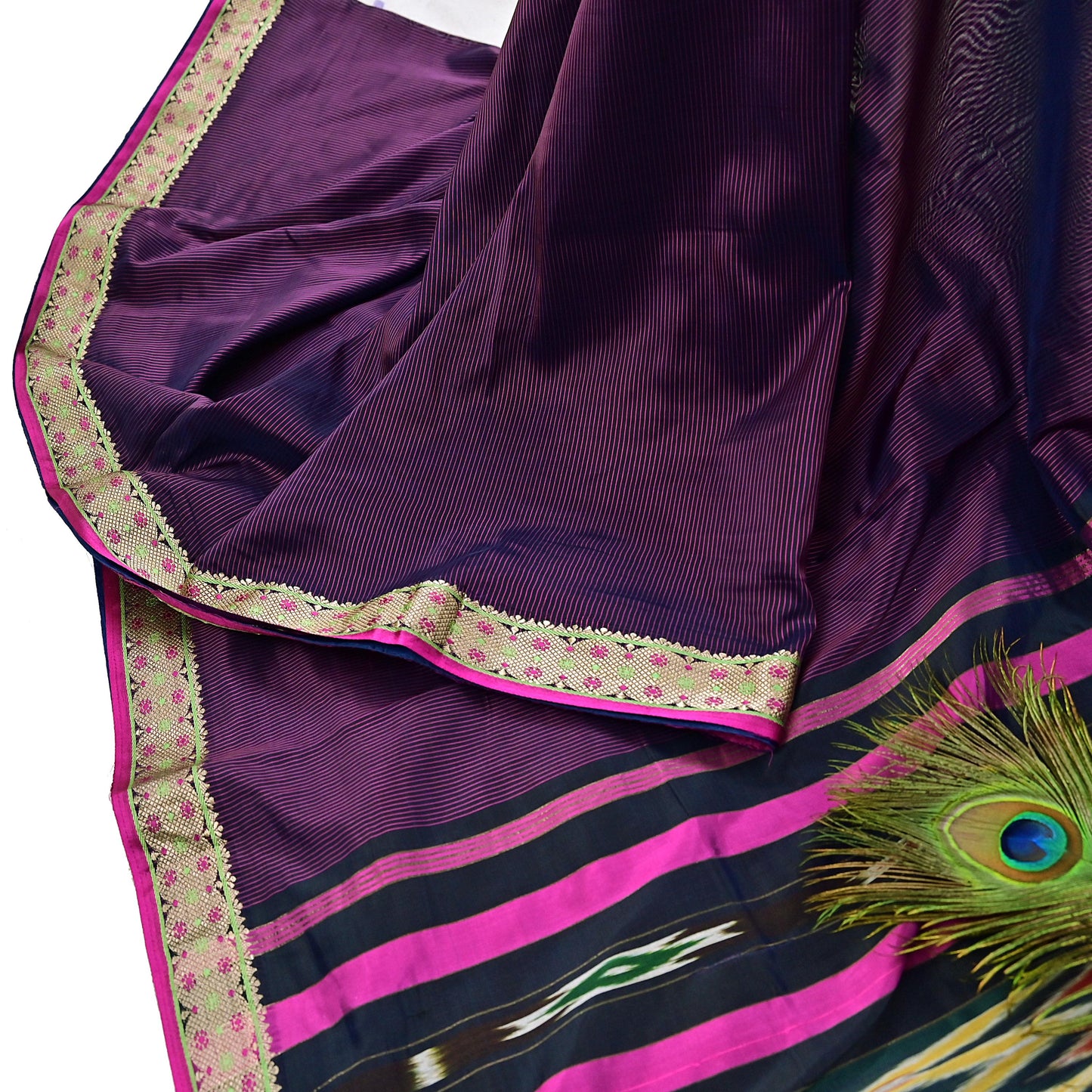 Indian Vintage Black & Pink Saree Pure Silk Hand Woven Ikat Patola Sari Fabric 5Yard Craft Ethnic Zari Border