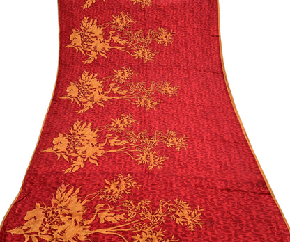 Indian Vintage Sari Mustard & Red Pure Crepe Silk Printed Sarees 5yd Sewing Floral Soft Craft Fabric Wrap Dress making Crafting Quilting