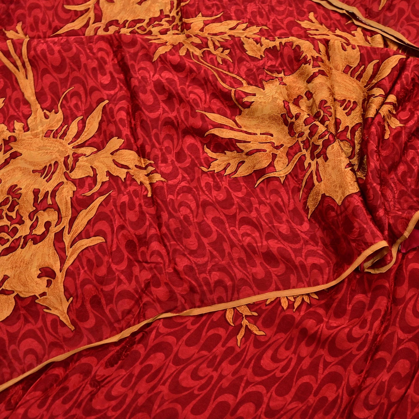 Indian Vintage Sari Mustard & Red Pure Crepe Silk Printed Sarees 5yd Sewing Floral Soft Craft Fabric Wrap Dress making Crafting Quilting