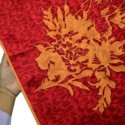Indian Vintage Sari Mustard & Red Pure Crepe Silk Printed Sarees 5yd Sewing Floral Soft Craft Fabric Wrap Dress making Crafting Quilting
