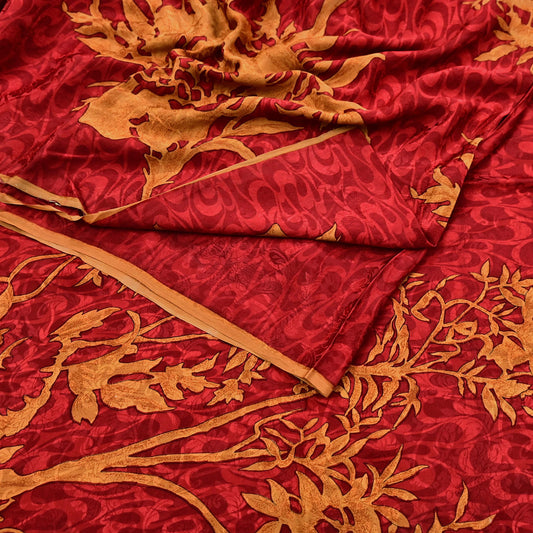 Indian Vintage Sari Mustard & Red Pure Crepe Silk Printed Sarees 5yd Sewing Floral Soft Craft Fabric Wrap Dress making Crafting Quilting
