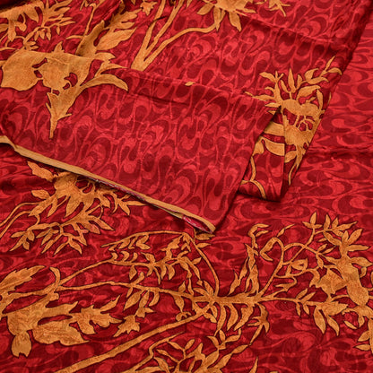 Indian Vintage Sari Mustard & Red Pure Crepe Silk Printed Sarees 5yd Sewing Floral Soft Craft Fabric Wrap Dress making Crafting Quilting