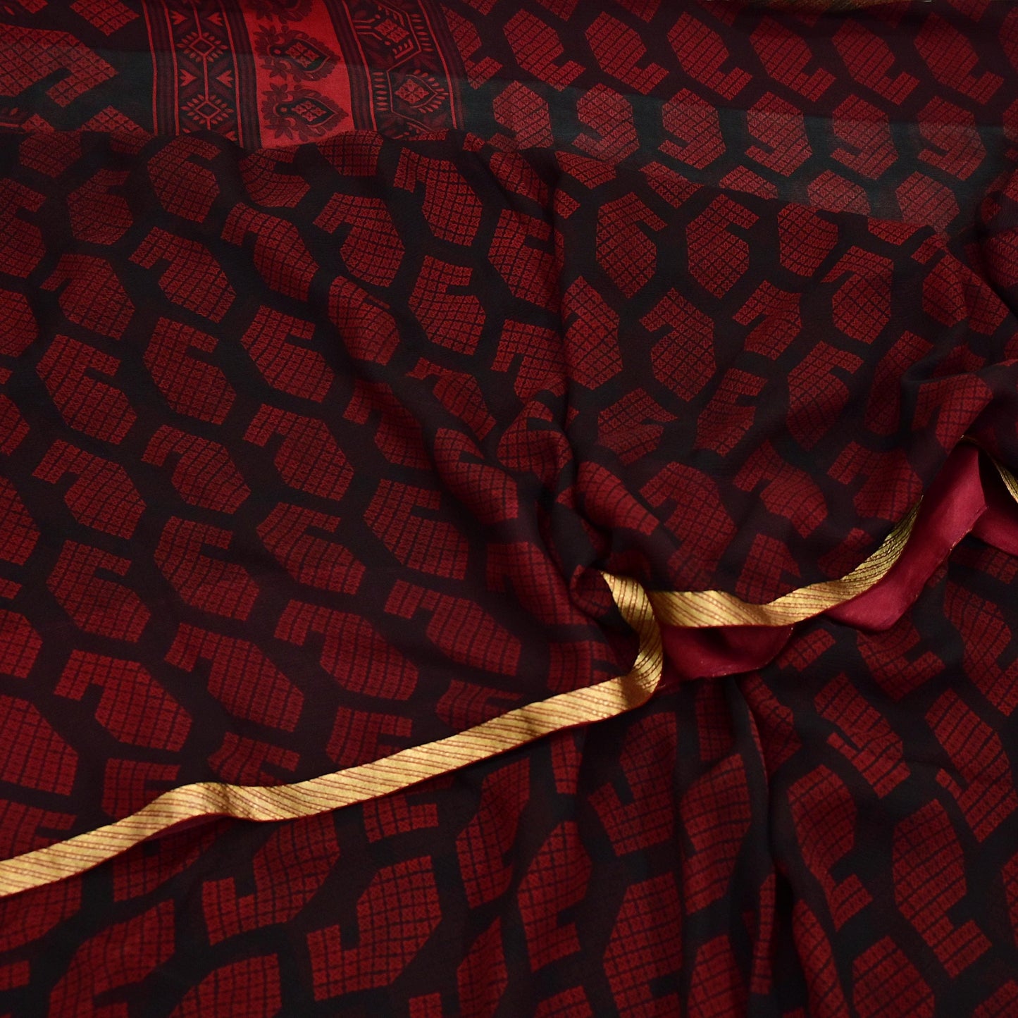 Indian Vintage Sari Black & Red Pure Chiffon Silk Printed Sarees 5Yd Craft Fabric Sewing Soft Zari Border Dress Making Upcycle Quilting