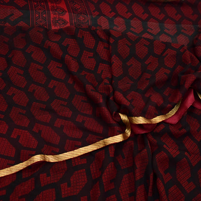 Indian Vintage Sari Black & Red Pure Chiffon Silk Printed Sarees 5Yd Craft Fabric Sewing Soft Zari Border Dress Making Upcycle Quilting
