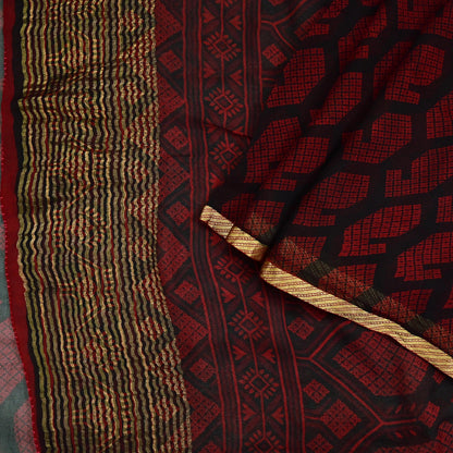 Indian Vintage Sari Black & Red Pure Chiffon Silk Printed Sarees 5Yd Craft Fabric Sewing Soft Zari Border Dress Making Upcycle Quilting