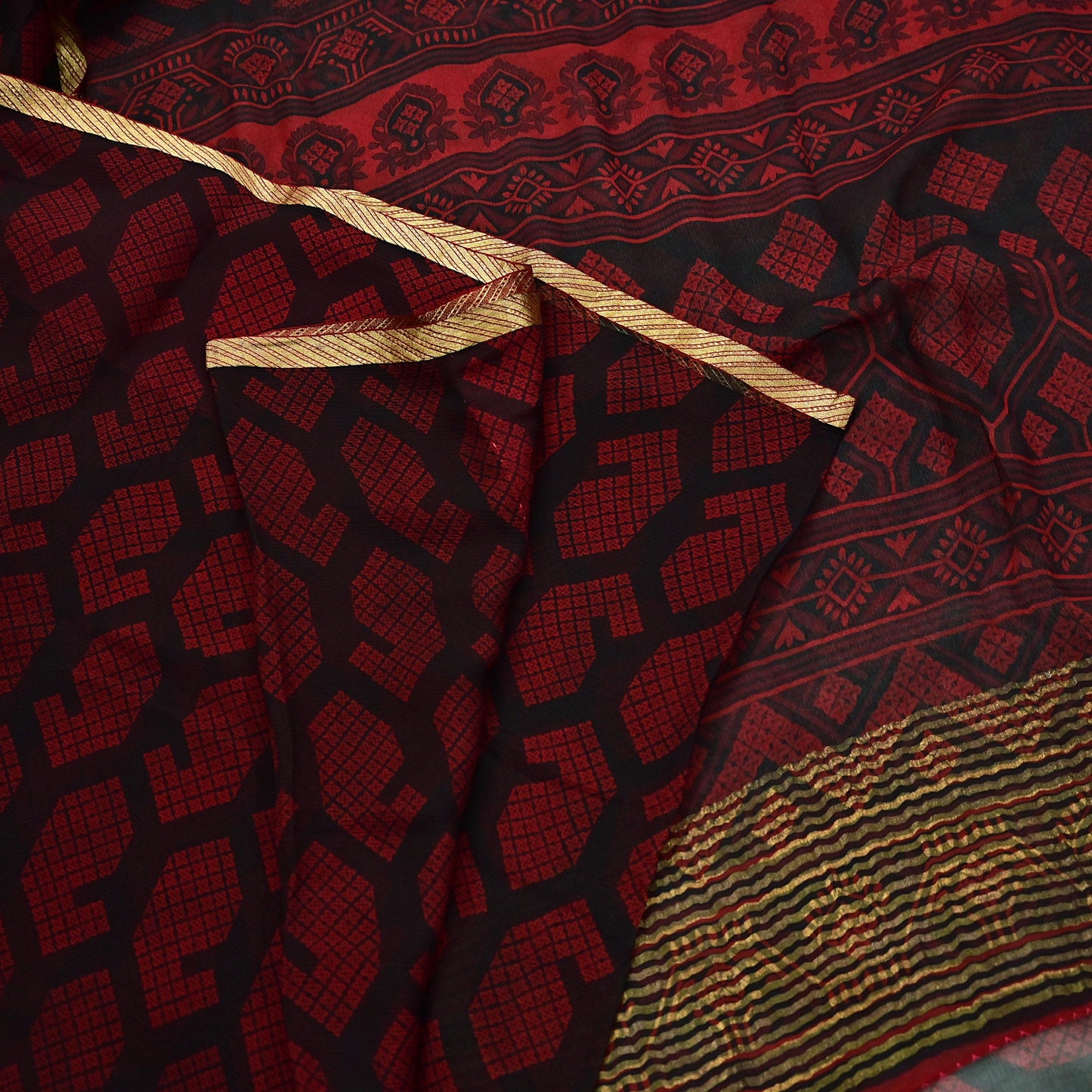 Indian Vintage Sari Black & Red Pure Chiffon Silk Printed Sarees 5Yd Craft Fabric Sewing Soft Zari Border Dress Making Upcycle Quilting