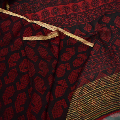 Indian Vintage Sari Black & Red Pure Chiffon Silk Printed Sarees 5Yd Craft Fabric Sewing Soft Zari Border Dress Making Upcycle Quilting