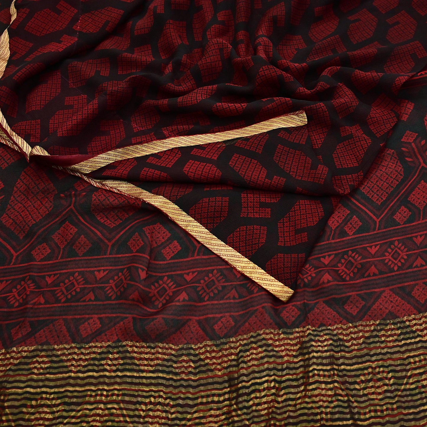 Indian Vintage Sari Black & Red Pure Chiffon Silk Printed Sarees 5Yd Craft Fabric Sewing Soft Zari Border Dress Making Upcycle Quilting