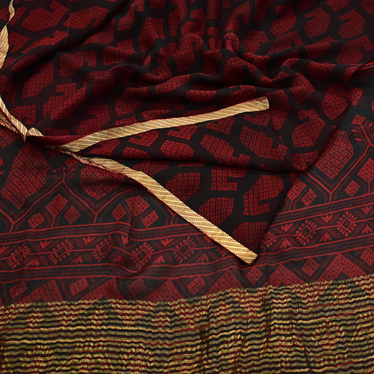 Indian Vintage Sari Black & Red Pure Chiffon Silk Printed Sarees 5Yd Craft Fabric Sewing Soft Zari Border Dress Making Upcycle Quilting