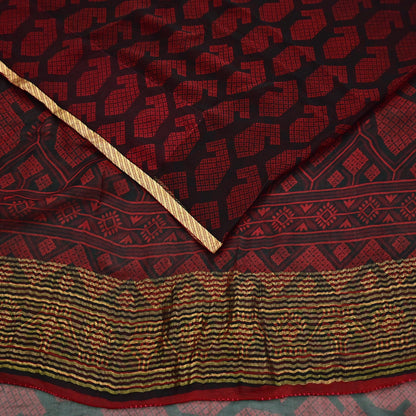 Indian Vintage Sari Black & Red Pure Chiffon Silk Printed Sarees 5Yd Craft Fabric Sewing Soft Zari Border Dress Making Upcycle Quilting