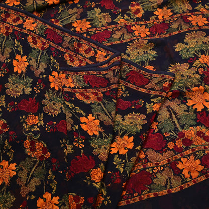 Indian Vintage Black Pure Chiffon Silk Saree Printed Floral Design 5 Yards Sheer Soft Fabric for Sewing, Dressmaking,