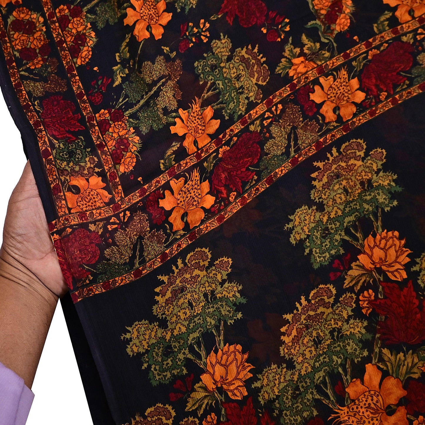 Indian Vintage Black Pure Chiffon Silk Saree Printed Floral Design 5 Yards Sheer Soft Fabric for Sewing, Dressmaking,