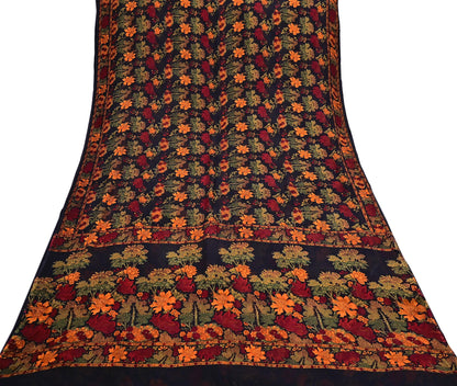 Indian Vintage Black Pure Chiffon Silk Saree Printed Floral Design 5 Yards Sheer Soft Fabric for Sewing, Dressmaking,