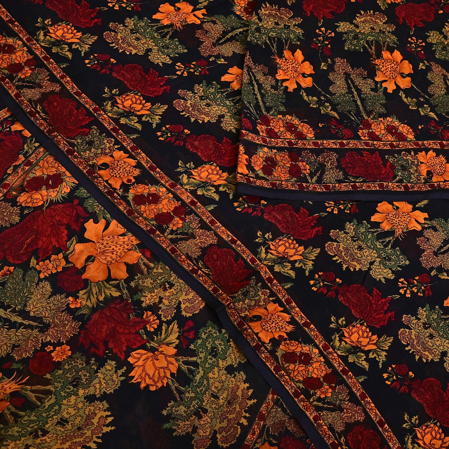 Indian Vintage Black Pure Chiffon Silk Saree Printed Floral Design 5 Yards Sheer Soft Fabric for Sewing, Dressmaking,