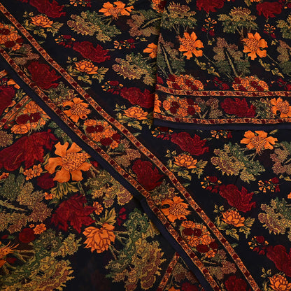 Indian Vintage Black Pure Chiffon Silk Saree Printed Floral Design 5 Yards Sheer Soft Fabric for Sewing, Dressmaking,