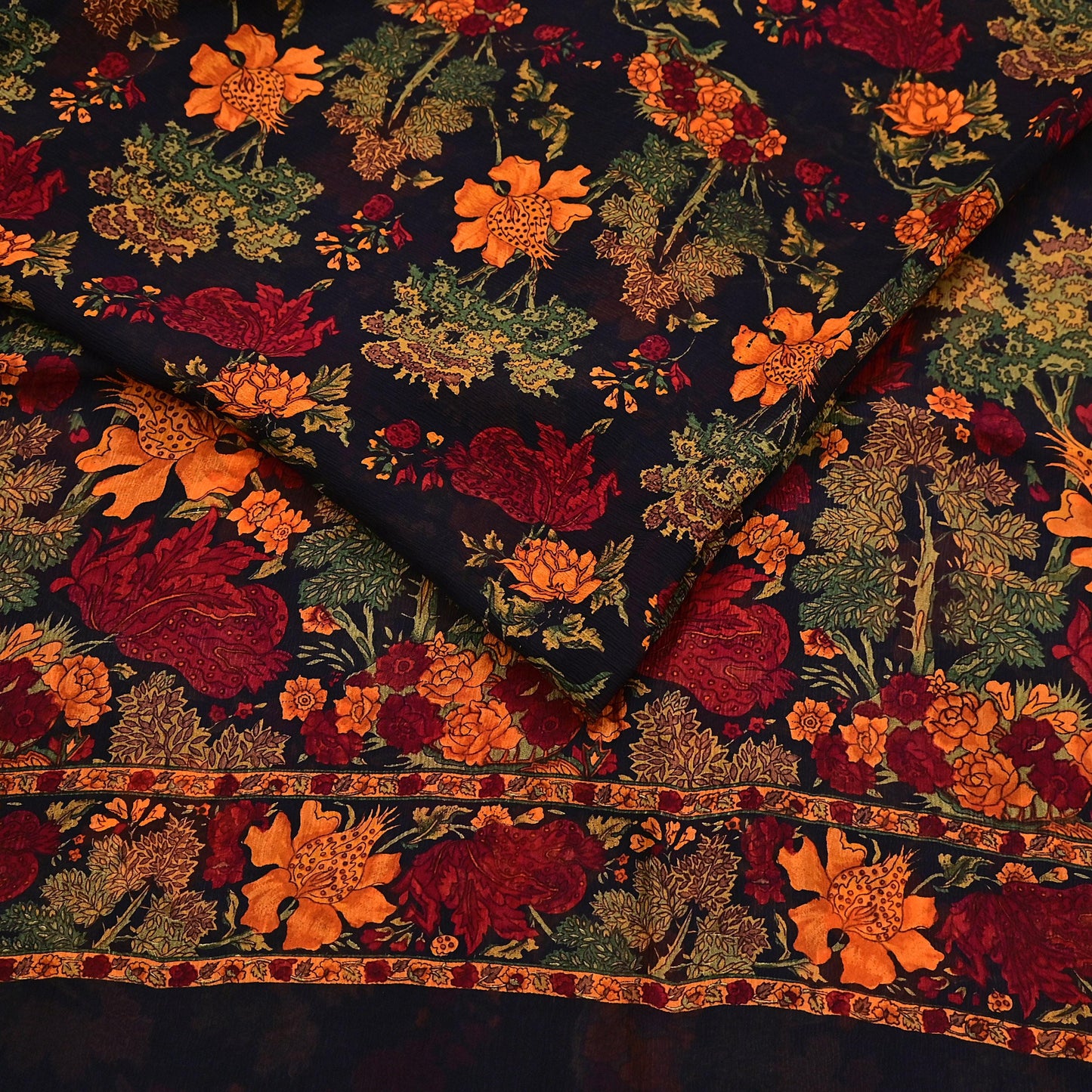 Indian Vintage Black Pure Chiffon Silk Saree Printed Floral Design 5 Yards Sheer Soft Fabric for Sewing, Dressmaking,